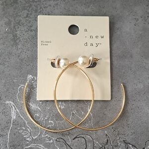 A New Day Goldtone Hoop Earrings with Pearl Stud Accents